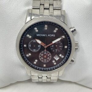 Michael Kors Jet Set Chronograph Watch Women 37mm Silver Tone MOP MK5021 New Bat